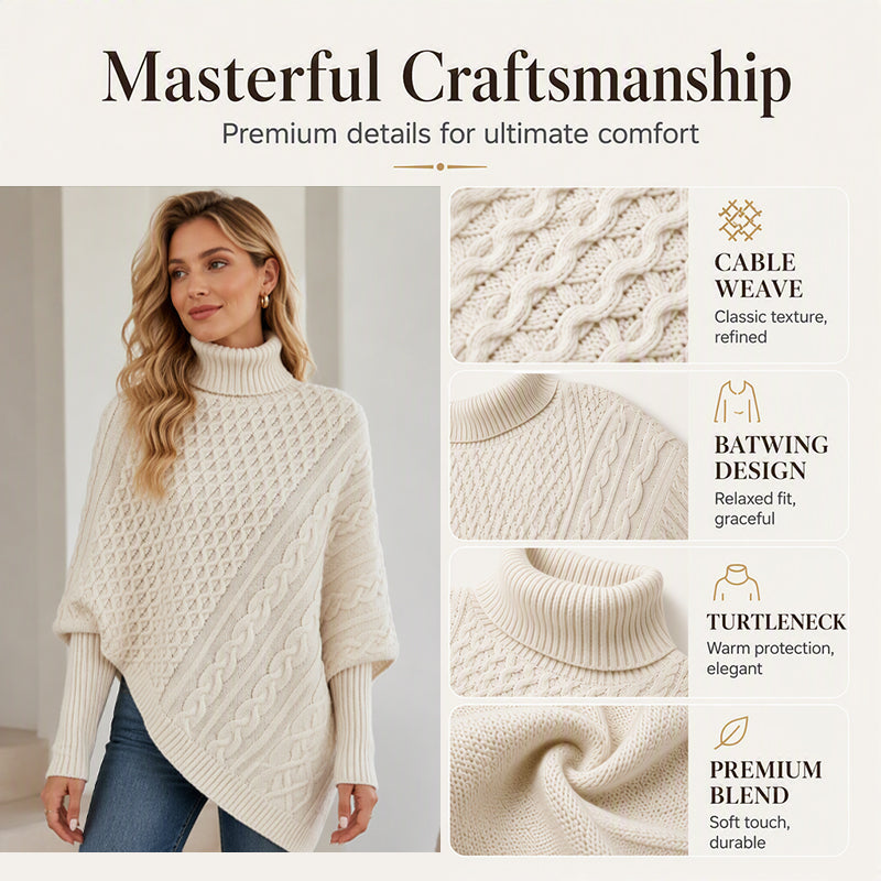 🧶 Timeless Texture, Relaxed Drape Comfort | Women's Cable Knit Poncho Sweater