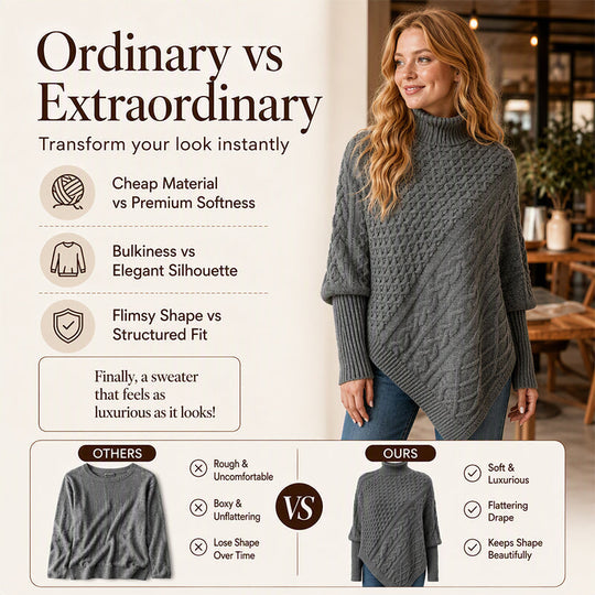 🧶 Timeless Texture, Relaxed Drape Comfort | Women's Cable Knit Poncho Sweater