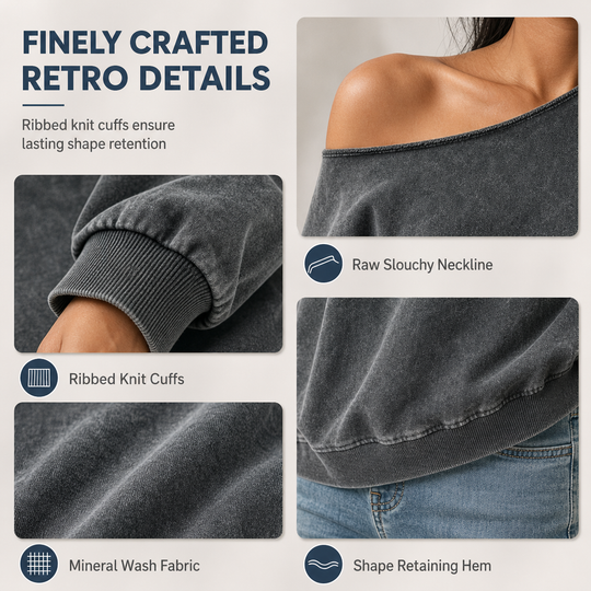 👚 Elegant Shoulder Line, Washed Relaxed Comfort | Women's Casual Off Shoulder Mineral Wash Oversized Slouchy Sweatshirt