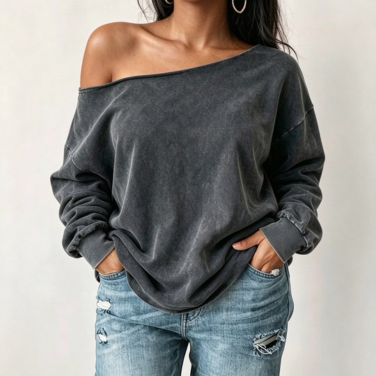 👚 Elegant Shoulder Line, Washed Relaxed Comfort | Women's Casual Off Shoulder Mineral Wash Oversized Slouchy Sweatshirt