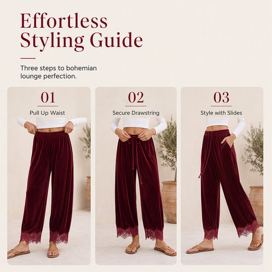Women's Velvet Wide Leg Pants with Lace Trim