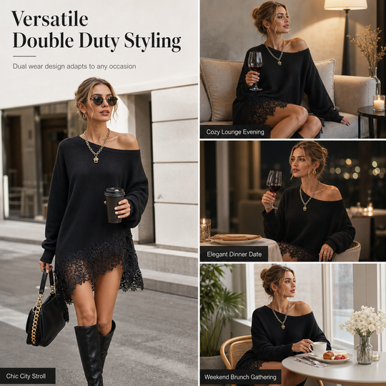 Women's Oversized Off-Shoulder Knit Sweater Dress with Asymmetric Floral Lace Hem