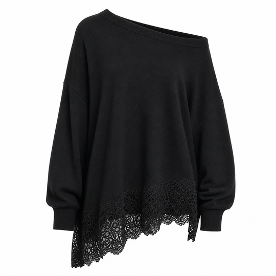 Women's Oversized Off-Shoulder Knit Sweater Dress with Asymmetric Floral Lace Hem