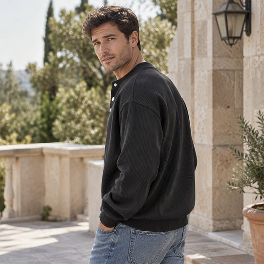 🧵 Retro Ribbed Texture, Adjustable Neckline | Men's Casual Corduroy Long Sleeve Henley Top