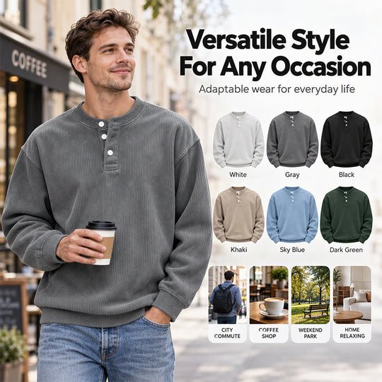 🧵 Retro Ribbed Texture, Adjustable Neckline | Men's Casual Corduroy Long Sleeve Henley Top