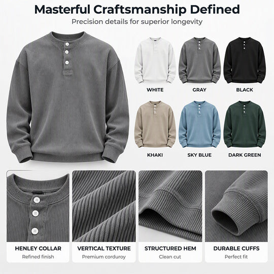 🧵 Retro Ribbed Texture, Adjustable Neckline | Men's Casual Corduroy Long Sleeve Henley Top