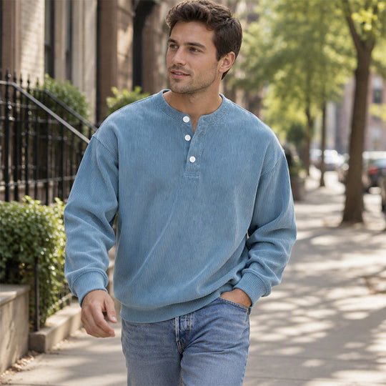 🧵 Retro Ribbed Texture, Adjustable Neckline | Men's Casual Corduroy Long Sleeve Henley Top