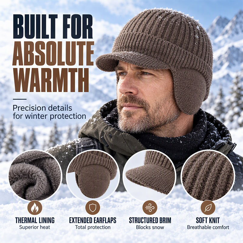 🧢 Cozy Ear Coverage, Structured Brim Detail | Men's Winter Knit Beanie Hat with Brim & Ear Flaps