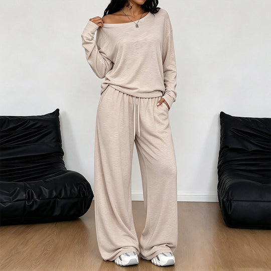 Women's Off-Shoulder Long Sleeve Top & Wide-Leg Pants Set