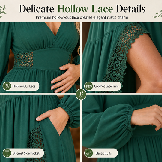 Women's Bohemian V Neck Long Sleeve Lace Patchwork Tiered Maxi Dress with Pockets🔥𝙁𝙧𝙚𝙚 𝙎𝙝𝙞𝙥𝙥𝙞𝙣𝙜