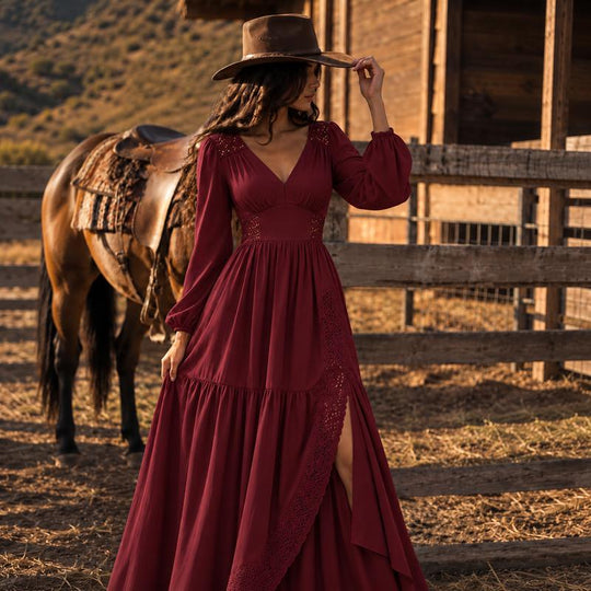 Women's Bohemian V Neck Long Sleeve Lace Patchwork Tiered Maxi Dress with Pockets🔥𝙁𝙧𝙚𝙚 𝙎𝙝𝙞𝙥𝙥𝙞𝙣𝙜