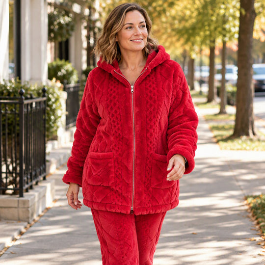 🧶 Cloud-Soft Warmth, Easy Coordinated Comfort | Women's Plush Cable Knit Hooded Jacket & Pants Set