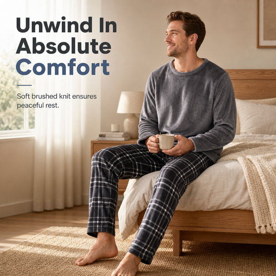 Men's Soft Plush Knit Loungewear Pajama Set with Solid Crewneck Top and Plaid Pants🔥𝙁𝙧𝙚𝙚 𝙎𝙝𝙞𝙥𝙥𝙞𝙣𝙜