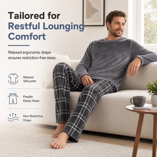 Men's Soft Plush Knit Loungewear Pajama Set with Solid Crewneck Top and Plaid Pants🔥𝙁𝙧𝙚𝙚 𝙎𝙝𝙞𝙥𝙥𝙞𝙣𝙜