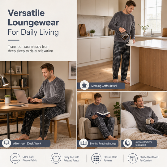 Men's Soft Plush Knit Loungewear Pajama Set with Solid Crewneck Top and Plaid Pants🔥𝙁𝙧𝙚𝙚 𝙎𝙝𝙞𝙥𝙥𝙞𝙣𝙜