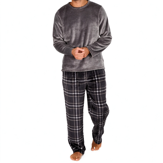 Men's Soft Plush Knit Loungewear Pajama Set with Solid Crewneck Top and Plaid Pants🔥𝙁𝙧𝙚𝙚 𝙎𝙝𝙞𝙥𝙥𝙞𝙣𝙜