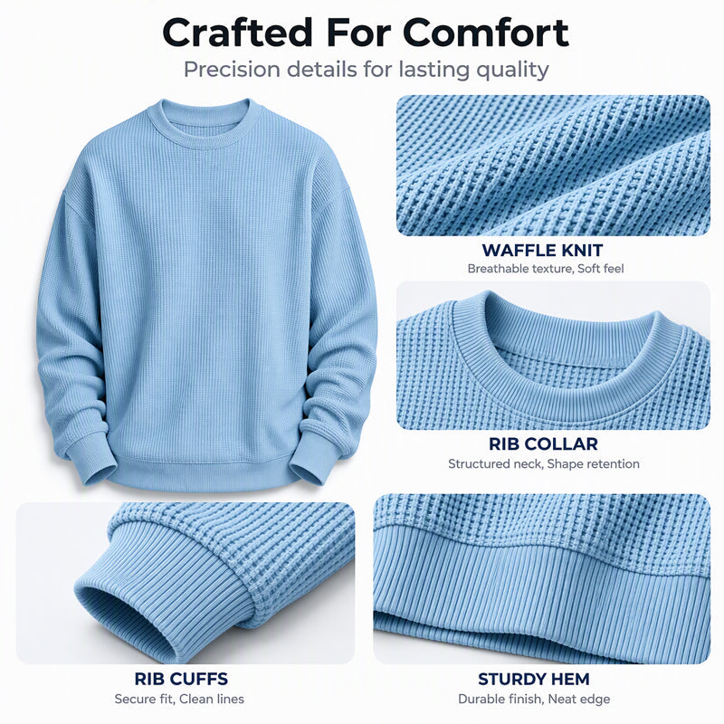 ✨ Men's Waffle Knit Crewneck Sweatshirt: Soft Touch & Ribbed Trims 🍂