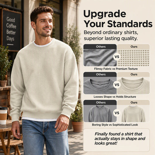 ✨ Men's Waffle Knit Crewneck Sweatshirt: Soft Touch & Ribbed Trims 🍂
