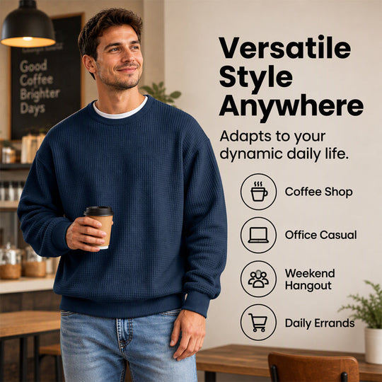✨ Men's Waffle Knit Crewneck Sweatshirt: Soft Touch & Ribbed Trims 🍂