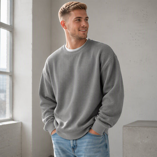 ✨ Men's Waffle Knit Crewneck Sweatshirt: Soft Touch & Ribbed Trims 🍂