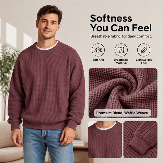 ✨ Men's Waffle Knit Crewneck Sweatshirt: Soft Touch & Ribbed Trims 🍂