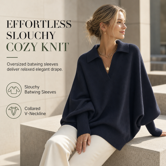 🧶 Relaxed Drape Comfort, Polished Collar Detail | Women's Loose Fit Collared Knit Sweater Casual Slouchy Solid Color Long Sleeve Knitwear