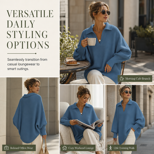 🧶 Relaxed Drape Comfort, Polished Collar Detail | Women's Loose Fit Collared Knit Sweater Casual Slouchy Solid Color Long Sleeve Knitwear