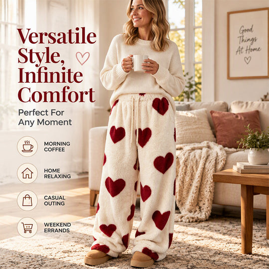 Women's Heart Print Plush Wide-Leg Pants