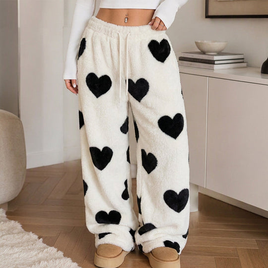 Women's Heart Print Plush Wide-Leg Pants