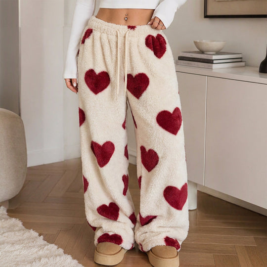 Women's Heart Print Plush Wide-Leg Pants