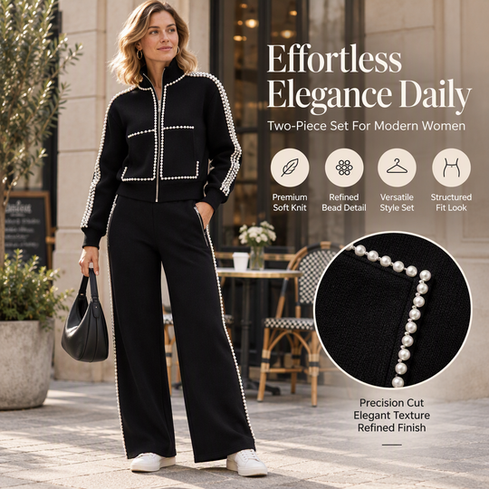 ✨ Eye-Catching Bead Detail, Leg-Elongating Silhouette | Women's Beaded Cropped Jacket and Wide-Leg Pants Set