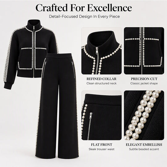 ✨ Eye-Catching Bead Detail, Leg-Elongating Silhouette | Women's Beaded Cropped Jacket and Wide-Leg Pants Set