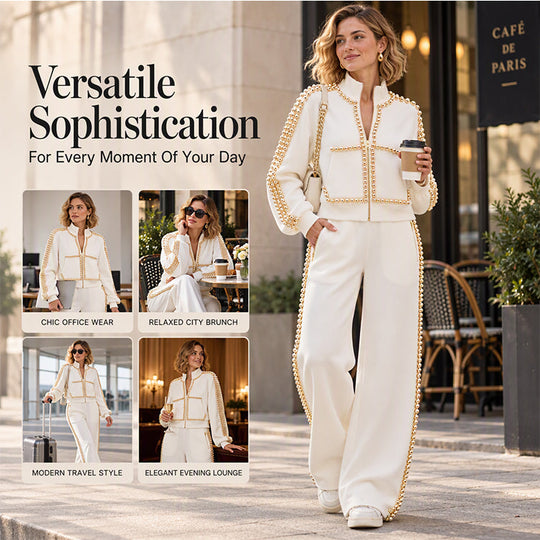 ✨ Eye-Catching Bead Detail, Leg-Elongating Silhouette | Women's Beaded Cropped Jacket and Wide-Leg Pants Set