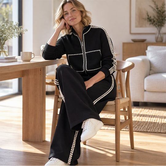 ✨ Eye-Catching Bead Detail, Leg-Elongating Silhouette | Women's Beaded Cropped Jacket and Wide-Leg Pants Set