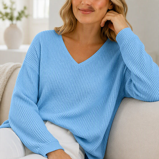 👚 Flattering Neckline, Textured Comfort | Women's Waffle Knit V-Neck Long Sleeve Top