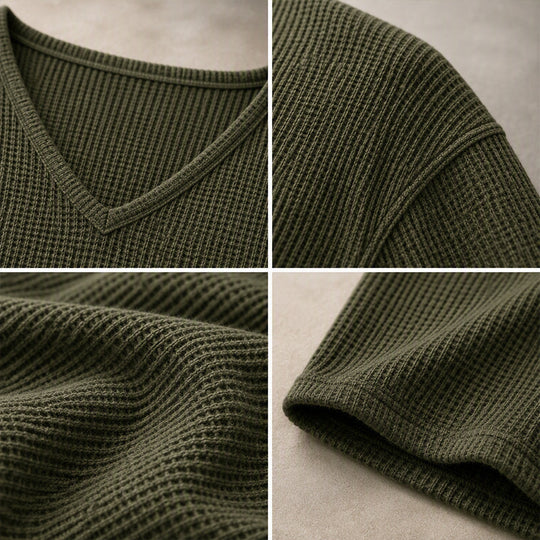 👚 Flattering Neckline, Textured Comfort | Women's Waffle Knit V-Neck Long Sleeve Top