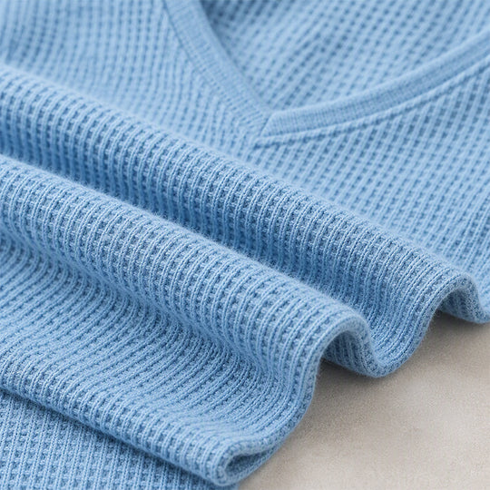 👚 Flattering Neckline, Textured Comfort | Women's Waffle Knit V-Neck Long Sleeve Top