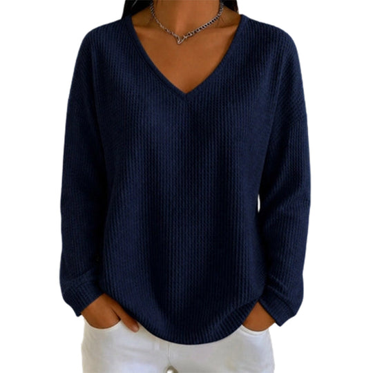 👚 Flattering Neckline, Textured Comfort | Women's Waffle Knit V-Neck Long Sleeve Top