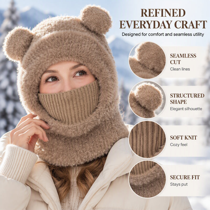 🐻 All-in-One Warmth, Cozy Full Coverage | 3-in-1 Winter Bear Hat with Scarf & Mask