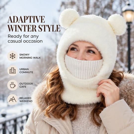 🐻 All-in-One Warmth, Cozy Full Coverage | 3-in-1 Winter Bear Hat with Scarf & Mask