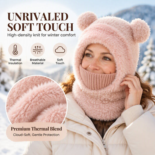 🐻 All-in-One Warmth, Cozy Full Coverage | 3-in-1 Winter Bear Hat with Scarf & Mask