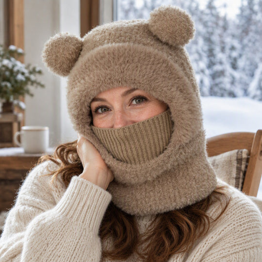🐻 All-in-One Warmth, Cozy Full Coverage | 3-in-1 Winter Bear Hat with Scarf & Mask