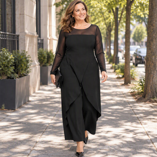Women's Elegant Mesh Long Sleeve Jumpsuit with Wrap Overlay
