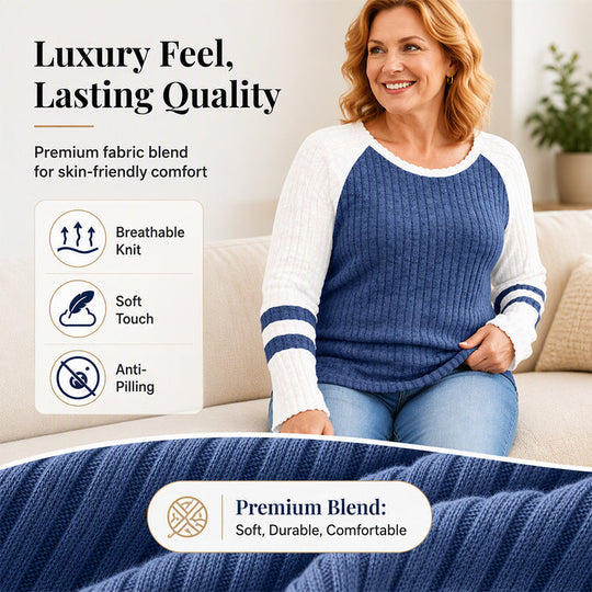 🎨 Bold Color Contrast, Textured Comfort | Women's Color-Block Long Sleeve Ribbed Knit Top