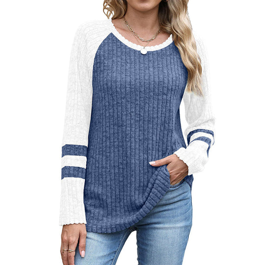 🎨 Bold Color Contrast, Textured Comfort | Women's Color-Block Long Sleeve Ribbed Knit Top