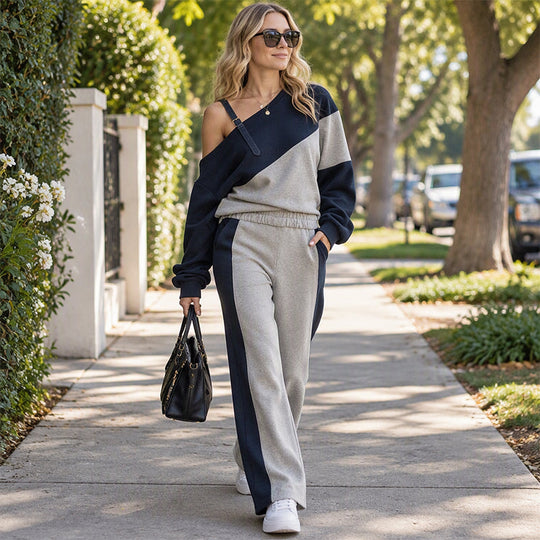 🎨 Elegant Shoulder Line, Easy Coordinated Comfort | Women's Casual Color Block Off-Shoulder 2-Piece Set