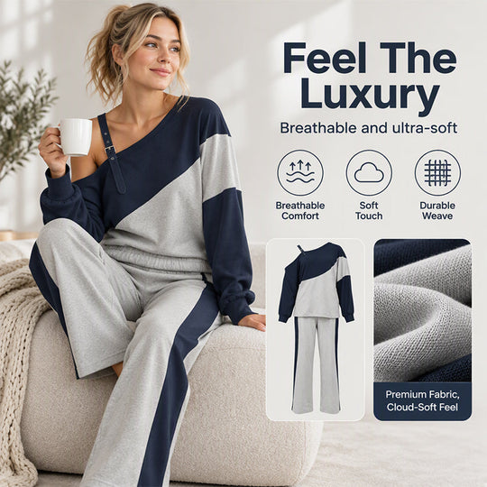 🎨 Elegant Shoulder Line, Easy Coordinated Comfort | Women's Casual Color Block Off-Shoulder 2-Piece Set