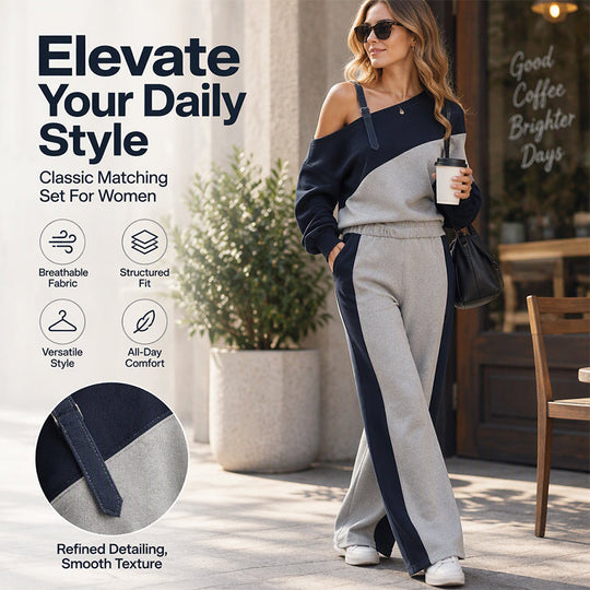 🎨 Elegant Shoulder Line, Easy Coordinated Comfort | Women's Casual Color Block Off-Shoulder 2-Piece Set