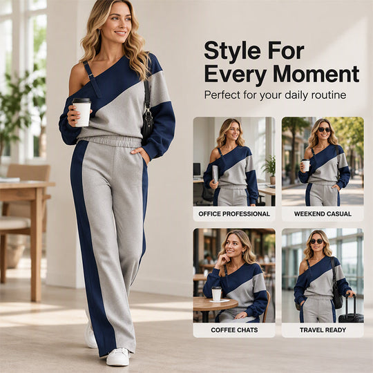 🎨 Elegant Shoulder Line, Easy Coordinated Comfort | Women's Casual Color Block Off-Shoulder 2-Piece Set