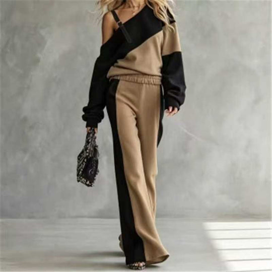 🎨 Elegant Shoulder Line, Easy Coordinated Comfort | Women's Casual Color Block Off-Shoulder 2-Piece Set